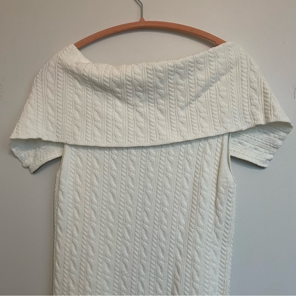 OFF THE SHOULDER CABLE SHORT SLEEVE CARDIGAN IN CHALK - Picture 7 of 8